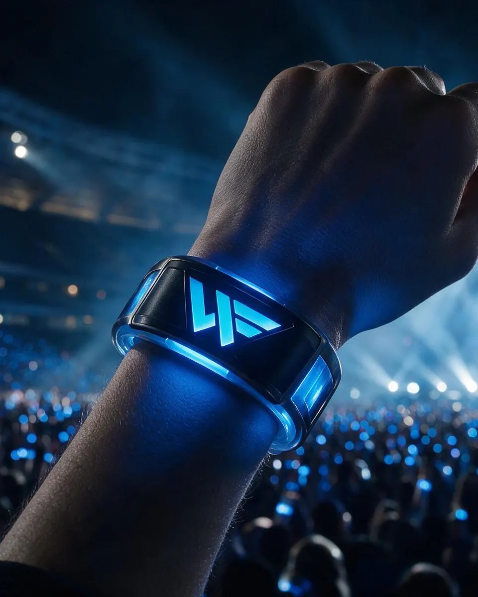 Pulsera luminosa con el logo de Willy Flechas levantada frente a un estadio lleno, generada con IA