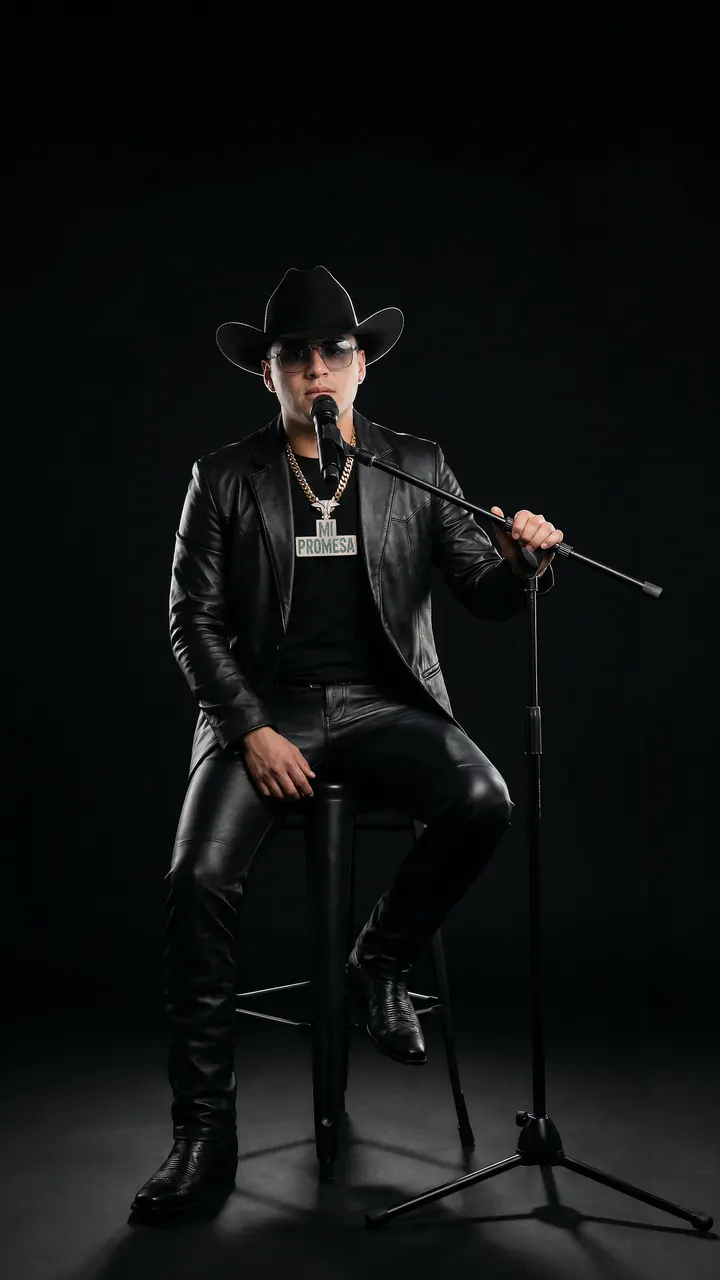 Avatar de Yeison Jiménez sentado con sombrero y chaqueta de cuero negro, cantando Ya No mi Amor
